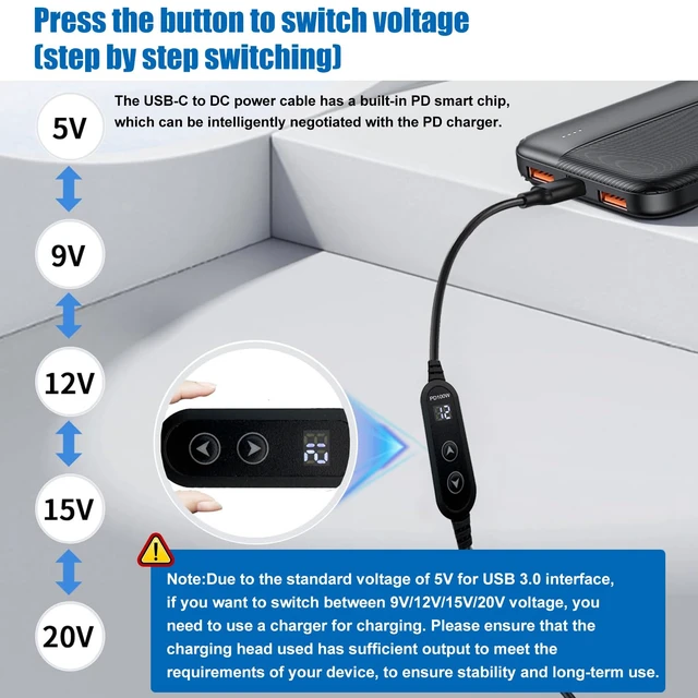 Alt view image 4 of 7 - 100W USB C to DC power charger with adjustable 5V/9V/12V/15V/20V, with 16 DC adapter heads and LED display screen. USB to DC cable for devices such as tablets,speakers,routers and dc connector (3.9ft)