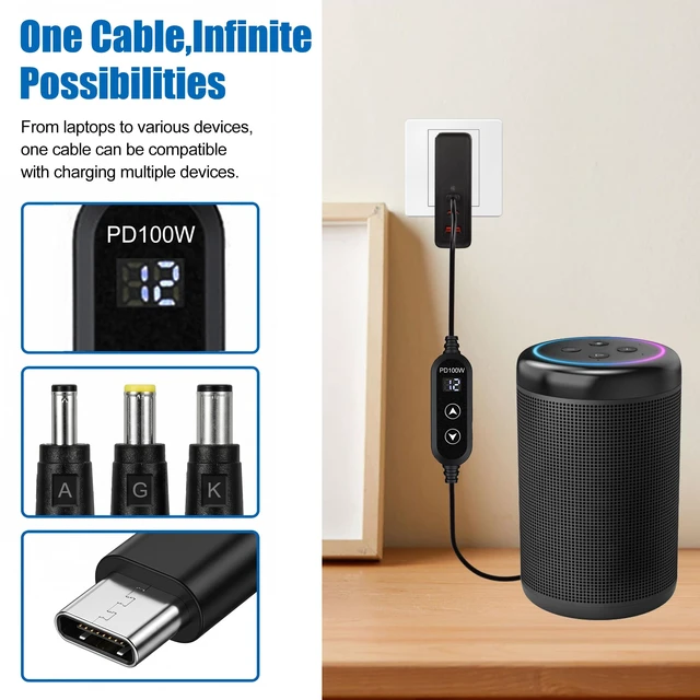 Alt view image 5 of 7 - 100W USB C to DC power charger with adjustable 5V/9V/12V/15V/20V, with 16 DC adapter heads and LED display screen. USB to DC cable for devices such as tablets,speakers,routers and dc connector (3.9ft)