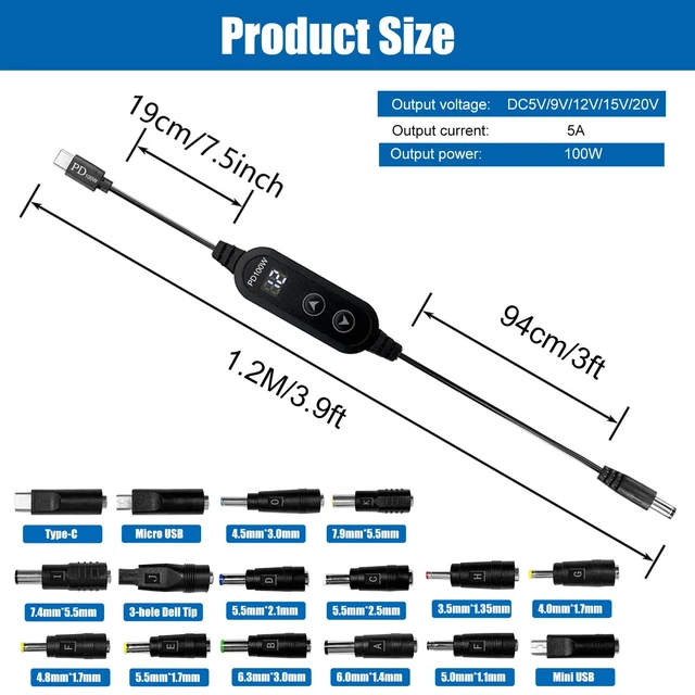 Alt view image 7 of 7 - 100W USB C to DC power charger with adjustable 5V/9V/12V/15V/20V, with 16 DC adapter heads and LED display screen. USB to DC cable for devices such as tablets,speakers,routers and dc connector (3.9ft)