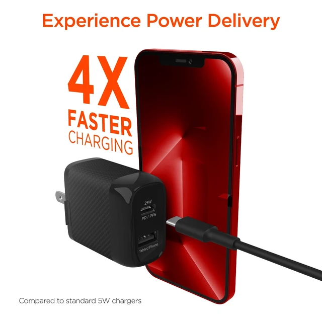 Alt view image 2 of 7 - HyperGear 25W USB-C PD and 12W USB Dual-Port Wall Charger | Charge Two Devices At Once, PPS Smart Chip Control, 0.09 Kg Weight, 5.71-Inch Length, And Compact Travel Design