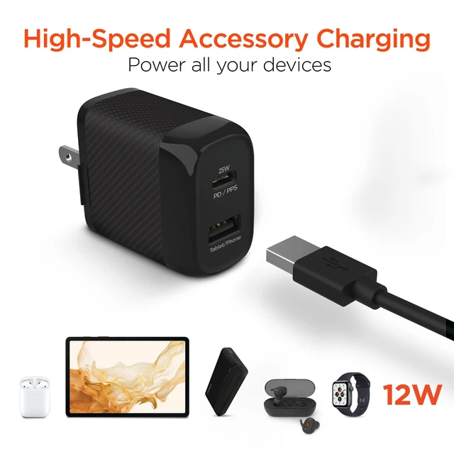 Alt view image 4 of 7 - HyperGear 25W USB-C PD and 12W USB Dual-Port Wall Charger | Charge Two Devices At Once, PPS Smart Chip Control, 0.09 Kg Weight, 5.71-Inch Length, And Compact Travel Design