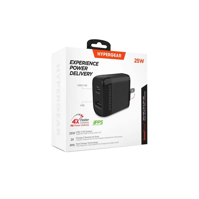 Alt view image 7 of 7 - HyperGear 25W USB-C PD and 12W USB Dual-Port Wall Charger | Charge Two Devices At Once, PPS Smart Chip Control, 0.09 Kg Weight, 5.71-Inch Length, And Compact Travel Design