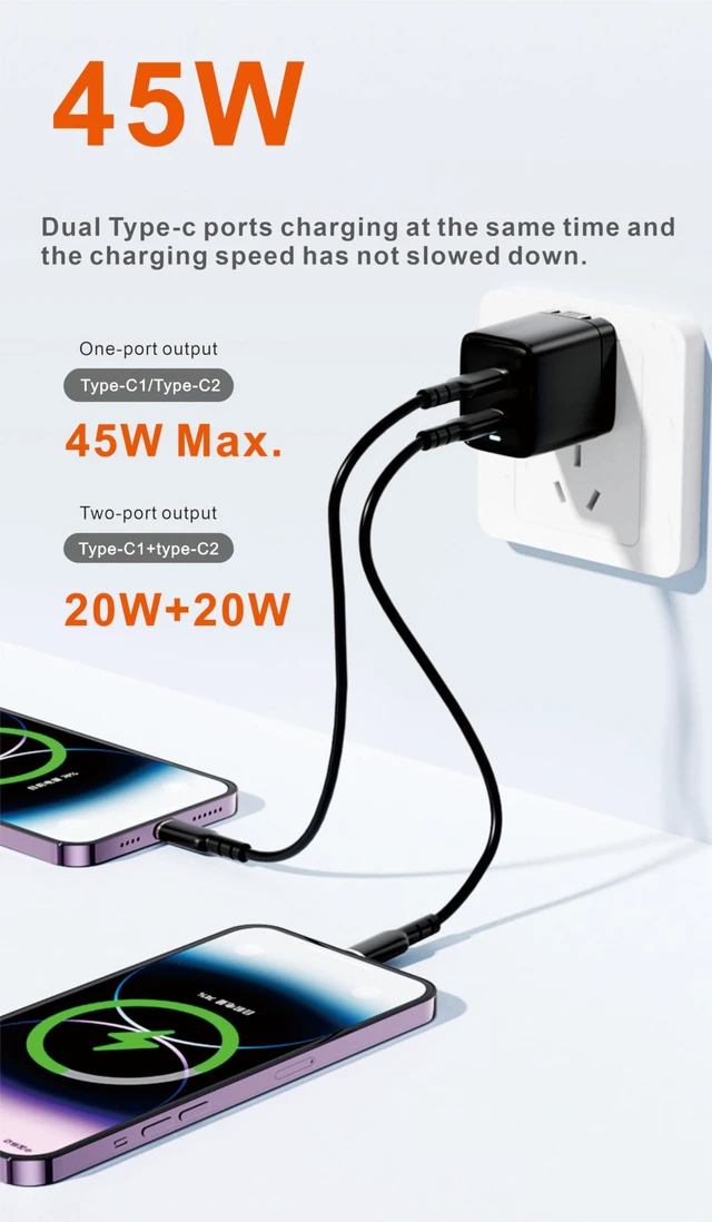 Alt view image 3 of 7 - 45W Dual USB-C Fast Wall Charger, Fast Charging Power Delivery 3.0 w/GaN Technology for iPhone 16, 16 Pro, 16 Pro Max, 15, 14, Pro, Pro Max, Mini, iPad Pro 12.9, MacBook, Galaxy S24, & More - Black