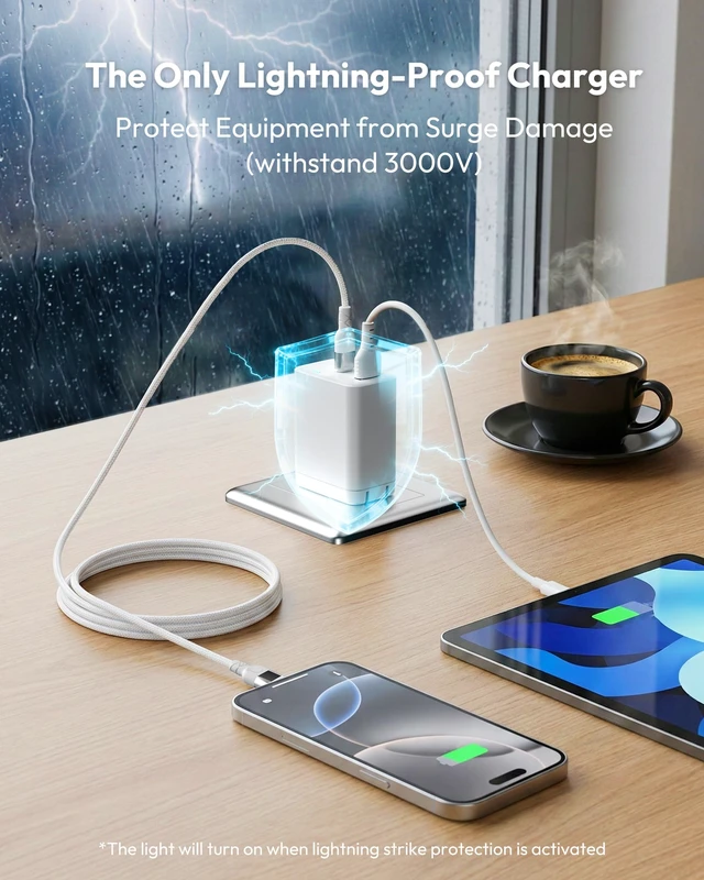 Alt view image 2 of 7 - Lightning Protection USB C Charger, 45W Fast Charging Block with C to C Cable, 2-Port GaN Wall Charger Foldable Plug for iPhone 17 16 15 14 Pro Max, iPad Pro/Air, Samsung S26 S25 S24