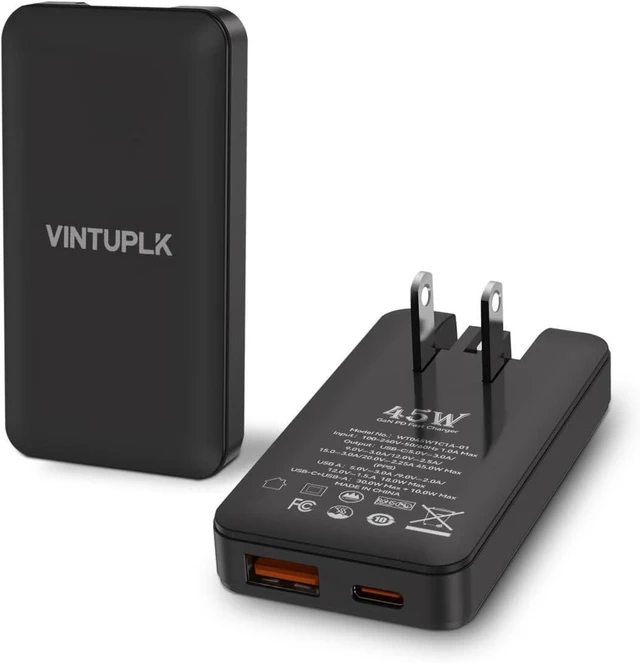 Main image of VINTUPLK 45W GaN Charger (2-Pack), Ultra Slim Dual-Port USB C/A Wall Adapter, Foldable Travel Charger for Phones & Laptops