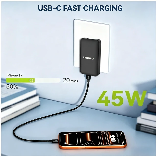 Alt view image 2 of 7 - VINTUPLK 45W GaN Charger (2-Pack), Ultra Slim Dual-Port USB C/A Wall Adapter, Foldable Travel Charger for Phones & Laptops