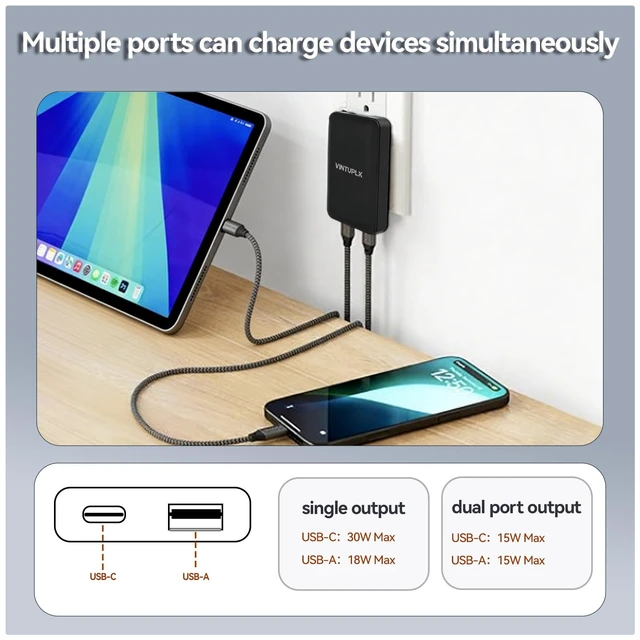 Alt view image 3 of 7 - VINTUPLK 45W GaN Charger (2-Pack), Ultra Slim Dual-Port USB C/A Wall Adapter, Foldable Travel Charger for Phones & Laptops