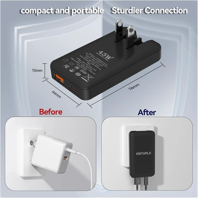 Alt view image 4 of 7 - VINTUPLK 45W GaN Charger (2-Pack), Ultra Slim Dual-Port USB C/A Wall Adapter, Foldable Travel Charger for Phones & Laptops