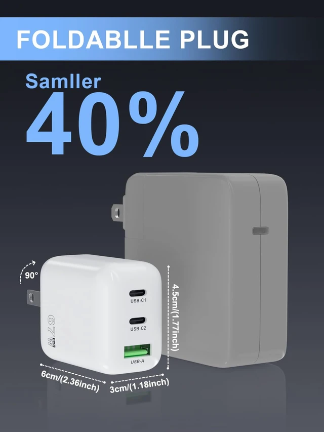 Alt view image 2 of 7 - Ymawetia 67W USB C Charger Block 3-Port Fast Charger Compact Foldable Wall Type C Adapter Compatible with MacBook Pro/Air/Ipad, iPhone 17/16/15/14/Pro/Max, Compatible with Samsung Galaxy S24/25/Ultra