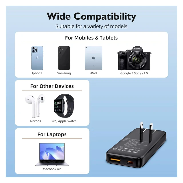 Alt view image 7 of 7 - 30W USB C Charger Block,Slim Wall Charger Travel Ready Fast Charging Block,2-Port Compact Charger with Foldable Plug for iPhone 17/16 Series, Galaxy, and More,2-Pack(2026 Update)