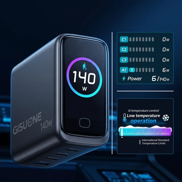 Alt view image 2 of 7 - GISUONE 140W GaN USB-C Smart Charger, 4-Port Compact Foldable Fast Charging for MacBook Pro/Air, iPad Pro, iPhone, Galaxy, Pixel 10/9, Steam Deck, Pixelbook & More