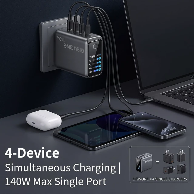 Alt view image 3 of 7 - GISUONE 140W GaN USB-C Smart Charger, 4-Port Compact Foldable Fast Charging for MacBook Pro/Air, iPad Pro, iPhone, Galaxy, Pixel 10/9, Steam Deck, Pixelbook & More