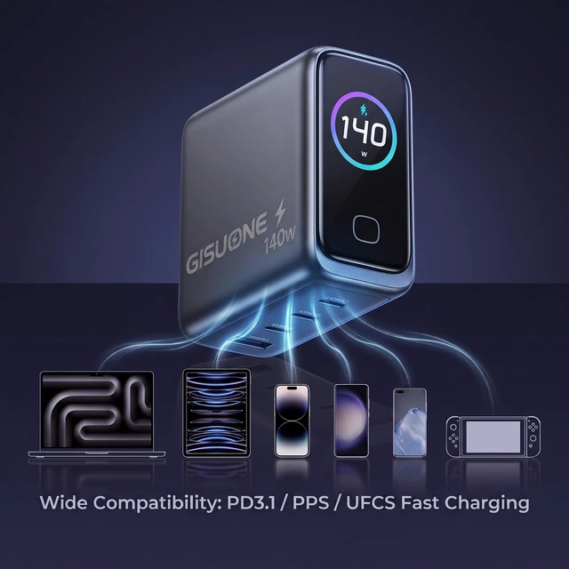 Alt view image 6 of 7 - GISUONE 140W GaN USB-C Smart Charger, 4-Port Compact Foldable Fast Charging for MacBook Pro/Air, iPad Pro, iPhone, Galaxy, Pixel 10/9, Steam Deck, Pixelbook & More