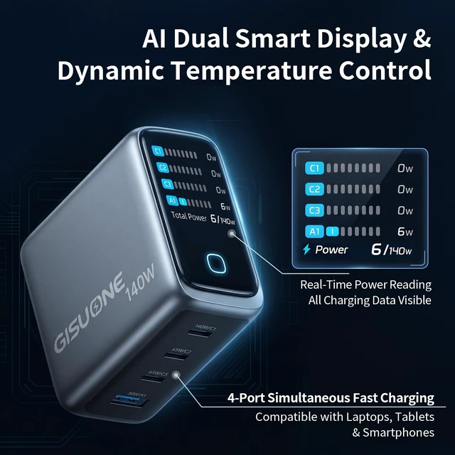 Alt view image 7 of 7 - GISUONE 140W GaN USB-C Smart Charger, 4-Port Compact Foldable Fast Charging for MacBook Pro/Air, iPad Pro, iPhone, Galaxy, Pixel 10/9, Steam Deck, Pixelbook & More