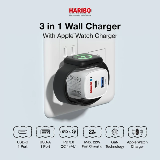 Alt view image 2 of 7 - Haribo Charger Block for Apple Watch, 3-in-1 PD 20W USB C Charging Station with Built-in Wireless Smart Watch Charging, Dual Ports Wall Charger Compatible with iPhone,AirPods,iWatch