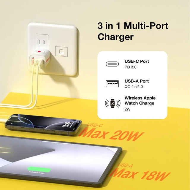 Alt view image 3 of 7 - Haribo Charger Block for Apple Watch, 3-in-1 PD 20W USB C Charging Station with Built-in Wireless Smart Watch Charging, Dual Ports Wall Charger Compatible with iPhone,AirPods,iWatch