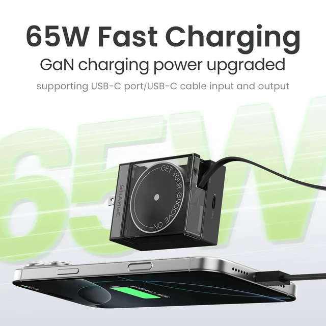 Alt view image 2 of 7 - SHARGE 65W GaN USB C Charger with Retractable Cable Power Wall Charger | Black, 2 Devices PD Fast Charging for MacBook Air, iPhone 17,Pixel Book, iPad Pro