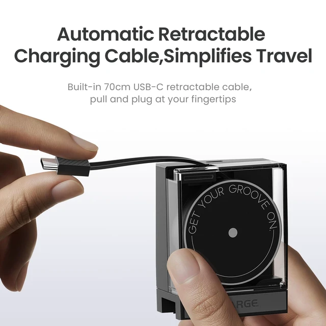 Alt view image 3 of 7 - SHARGE 65W GaN USB C Charger with Retractable Cable Power Wall Charger | Black, 2 Devices PD Fast Charging for MacBook Air, iPhone 17,Pixel Book, iPad Pro