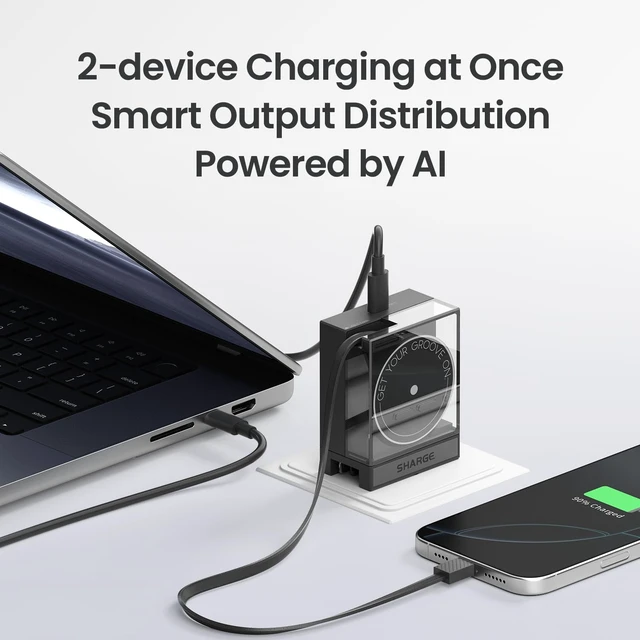 Alt view image 4 of 7 - SHARGE 65W GaN USB C Charger with Retractable Cable Power Wall Charger | Black, 2 Devices PD Fast Charging for MacBook Air, iPhone 17,Pixel Book, iPad Pro