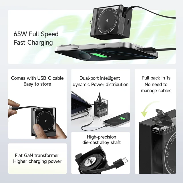 Alt view image 5 of 7 - SHARGE 65W GaN USB C Charger with Retractable Cable Power Wall Charger | Black, 2 Devices PD Fast Charging for MacBook Air, iPhone 17,Pixel Book, iPad Pro