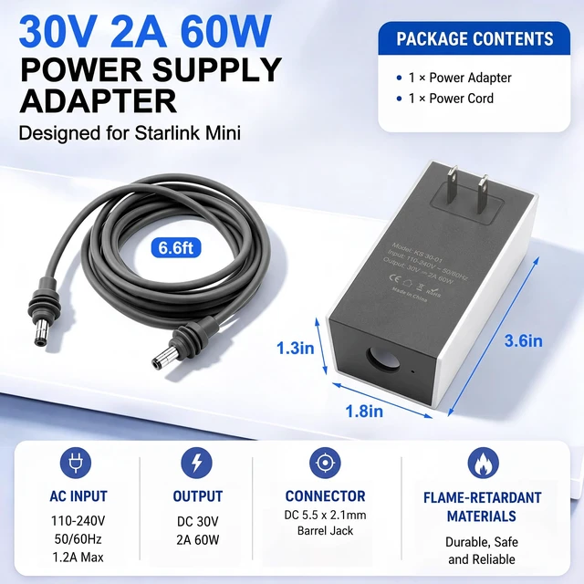 Alt view image 3 of 6 - Power Adapter Compatible with Starlink Mini, AC to DC Charger, Wall Plug | Short Wall Plug with Detachable DC Extension Cable, 100-240V AC Input, 30V Output, Ideal Replacement Power Supply