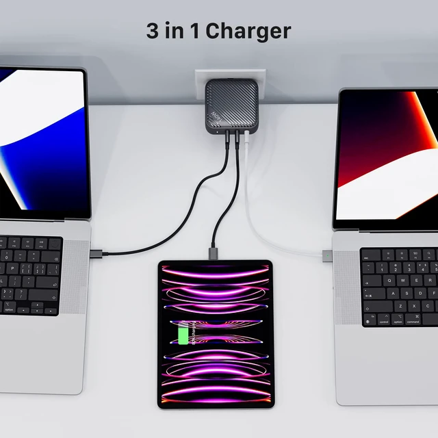 Alt view image 4 of 5 - INVZI GaNHub 140W USB C Charger, PD 3.1 GaN Charger 3-Port Foldable Laptop Wall Charger Power Adapter for MacBook Pro 16" M1, Dell XPS, iPad Pro, iPhone 16/15 Series, Galaxy, Steam Deck