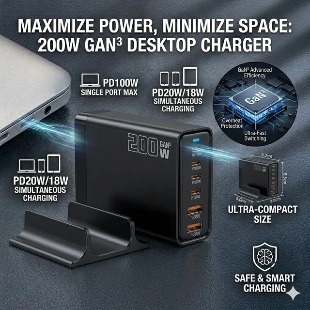 Alt view image 2 of 6 - Heargrow 200W GaN USB C Charging Station, 6-Port USB C Multi Charger Block with 4 Cables, Fast Wall Charger Power Strip for iPhone 17 16 15 14, iPad, MacBook, Samsung Galaxy, Pixel