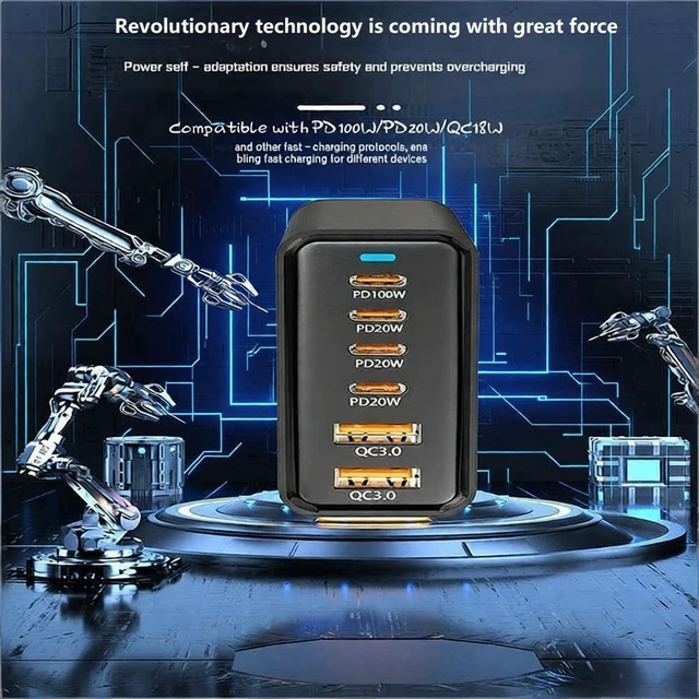 Alt view image 4 of 6 - Heargrow 200W GaN USB C Charging Station, 6-Port USB C Multi Charger Block with 4 Cables, Fast Wall Charger Power Strip for iPhone 17 16 15 14, iPad, MacBook, Samsung Galaxy, Pixel