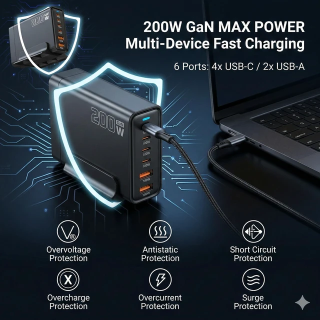 Alt view image 3 of 6 - Heargrow 200W GaN USB C Charging Station, 6-Port USB C Multi Charger Block with 4 Cables, Fast Wall Charger Power Strip for iPhone 17 16 15 14, iPad, MacBook, Samsung Galaxy, Pixel