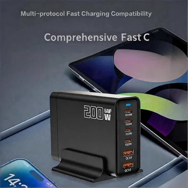 Alt view image 5 of 6 - Heargrow 200W GaN USB C Charging Station, 6-Port USB C Multi Charger Block with 4 Cables, Fast Wall Charger Power Strip for iPhone 17 16 15 14, iPad, MacBook, Samsung Galaxy, Pixel