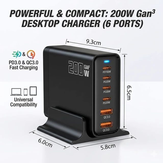 Alt view image 6 of 6 - Heargrow 200W GaN USB C Charging Station, 6-Port USB C Multi Charger Block with 4 Cables, Fast Wall Charger Power Strip for iPhone 17 16 15 14, iPad, MacBook, Samsung Galaxy, Pixel