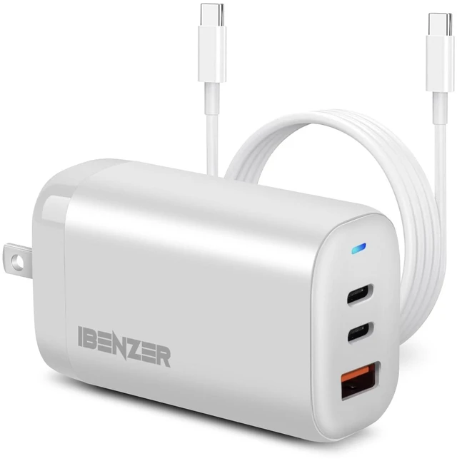 Main image of iBenzer 65W GaN USB C Foldable Charger PD 3.0, 3-Port Fast Charger with 3FT USB-C Fast Charging Cord for iPhone 17/16/15, MacBook Pro/Air, iPad, Switch, Galaxy S25/S24, iPad,Dell XPS 13 (White)