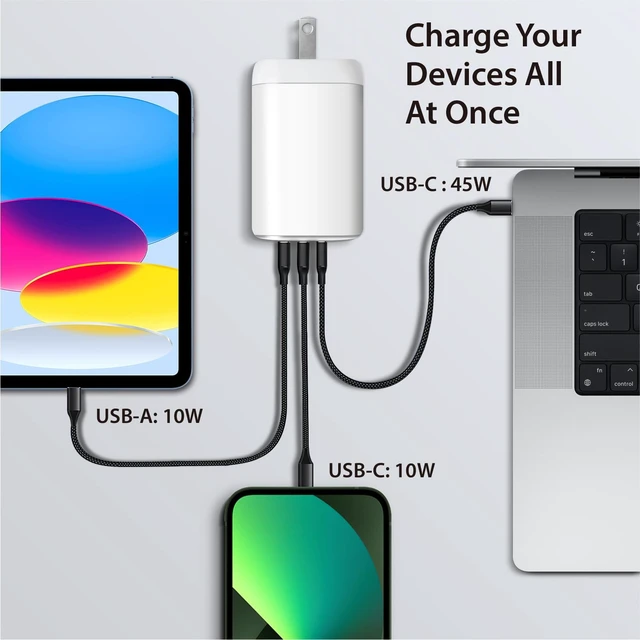 Alt view image 3 of 7 - iBenzer 65W GaN USB C Foldable Charger PD 3.0, 3-Port Fast Charger with 3FT USB-C Fast Charging Cord for iPhone 17/16/15, MacBook Pro/Air, iPad, Switch, Galaxy S25/S24, iPad,Dell XPS 13 (White)