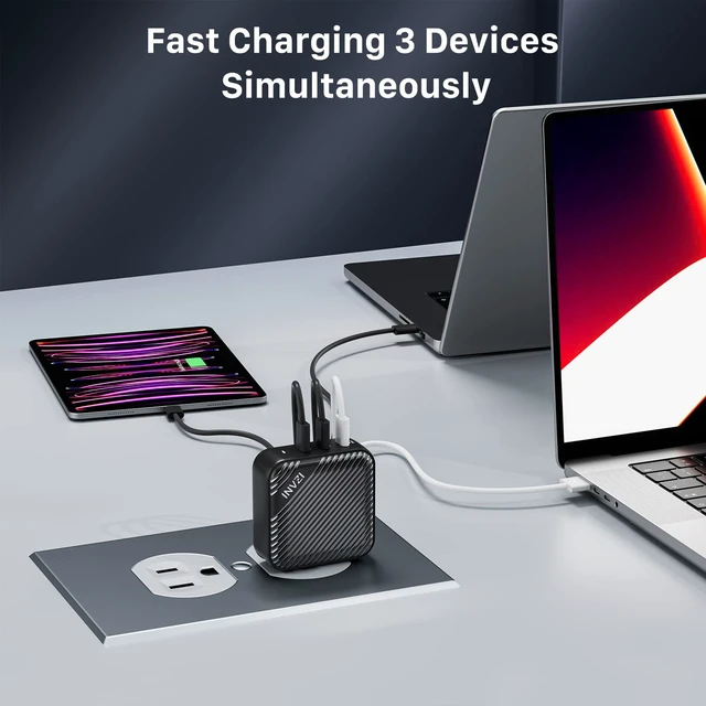 Alt view image 3 of 5 - INVZI GaNHub 140W USB C Charger, PD 3.1 GaN Charger 3-Port Foldable Laptop Wall Charger Power Adapter for MacBook Pro 16" M1, Dell XPS, iPad Pro, iPhone 16/15 Series, Galaxy, Steam Deck
