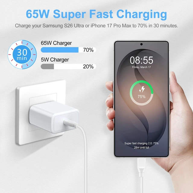 Alt view image 3 of 7 - 65W Super Fast Type C iPhone 18 Pro Max Charger Block & 6FT Charging Cable | USB C Charger Cube for iPhone Duo iPhone 18 Pro Max 18 Pro 17 Air 16 e 15 14, Samsung S26 Ultra S25 A57 A37 A17 A16 A36 A26