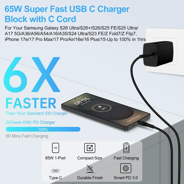 Alt view image 2 of 7 - 65W USB C Charger Block Type C Super Fast Charger Cable for Samsung Galaxy|Z Fold 8 Ultra 7 6 Z Flip 8 7 FE A37 A36 A17 A27 S26 Ultra S25 FE,Moto Edge 2026 Edge 70 Pro+ Razr Ultra 2026 with 6FT C Cord