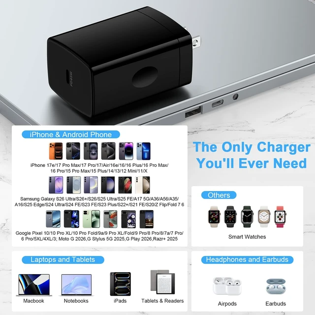 Alt view image 7 of 7 - 65W USB C Charger Block Type C Super Fast Charger Cable for Samsung Galaxy|Z Fold 8 Ultra 7 6 Z Flip 8 7 FE A37 A36 A17 A27 S26 Ultra S25 FE,Moto Edge 2026 Edge 70 Pro+ Razr Ultra 2026 with 6FT C Cord
