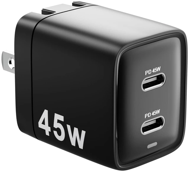 Main image of 45W Dual USB-C Fast Wall Charger, Fast Charging Power Delivery 3.0 w/GaN Technology for iPhone 16, 16 Pro, 16 Pro Max, 15, 14, Pro, Pro Max, Mini, iPad Pro 12.9, MacBook, Galaxy S24, & More - Black