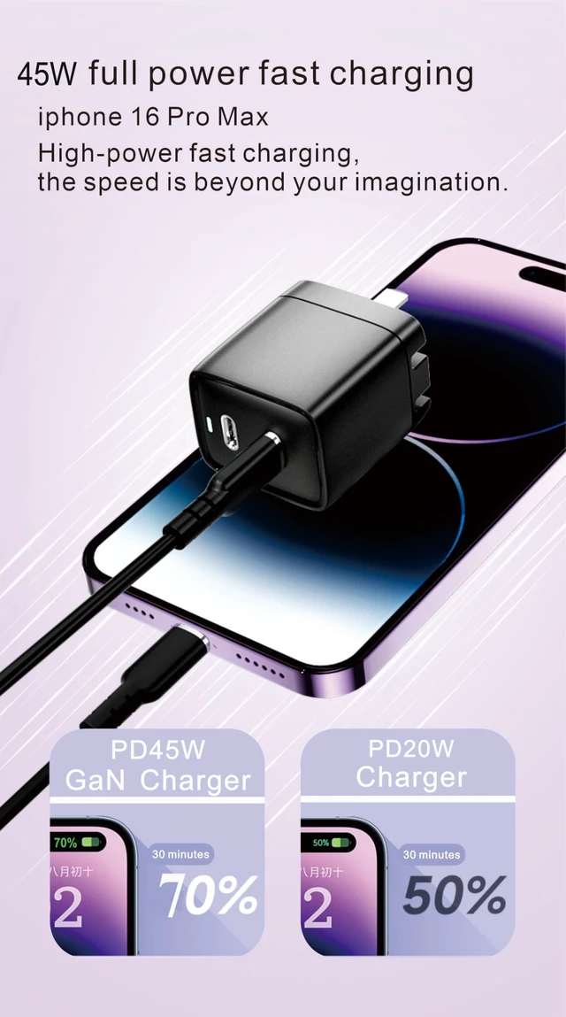 Alt view image 6 of 7 - 45W Dual USB-C Fast Wall Charger, Fast Charging Power Delivery 3.0 w/GaN Technology for iPhone 16, 16 Pro, 16 Pro Max, 15, 14, Pro, Pro Max, Mini, iPad Pro 12.9, MacBook, Galaxy S24, & More - Black
