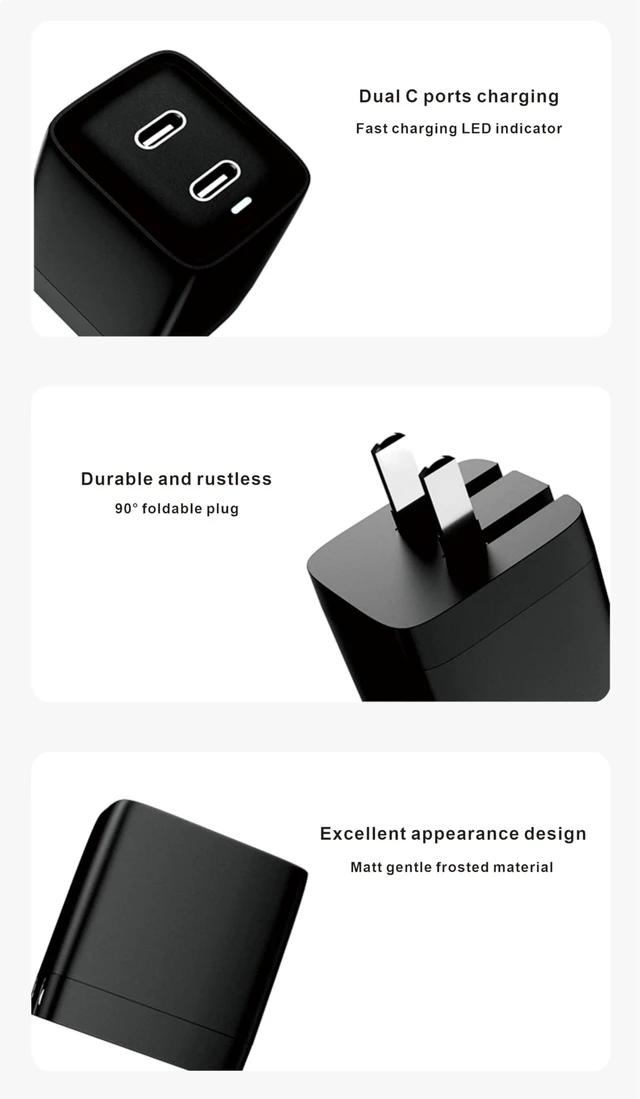 Alt view image 7 of 7 - 45W Dual USB-C Fast Wall Charger, Fast Charging Power Delivery 3.0 w/GaN Technology for iPhone 16, 16 Pro, 16 Pro Max, 15, 14, Pro, Pro Max, Mini, iPad Pro 12.9, MacBook, Galaxy S24, & More - Black