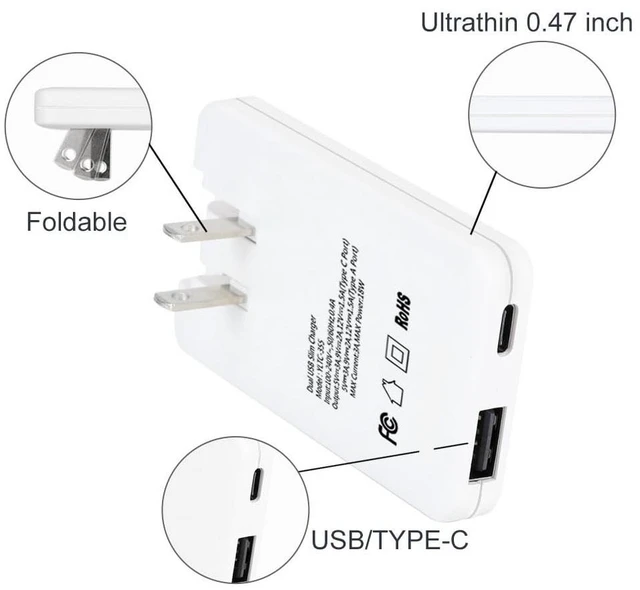 Alt view image 5 of 6 - TOP-UP Flat Wall Charger 30W PD Ultra Slim Dual Port USB-C & USB-A Fast Charger Block with Foldable Plug