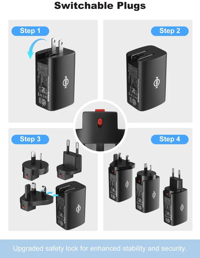 Alt view image 3 of 7 - USB C Travel Charger, PDMAX 70W Universal Power Adapter, Fast Charging for Worldwide Travel Adapter, Supports PD 3.0& PPS, International Adapter for Europe, UK, Italy, Japan & More