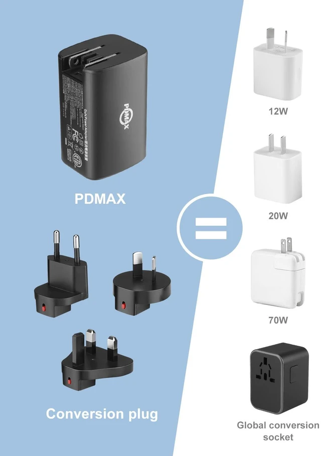 Alt view image 7 of 7 - USB C Travel Charger, PDMAX 70W Universal Power Adapter, Fast Charging for Worldwide Travel Adapter, Supports PD 3.0& PPS, International Adapter for Europe, UK, Italy, Japan & More