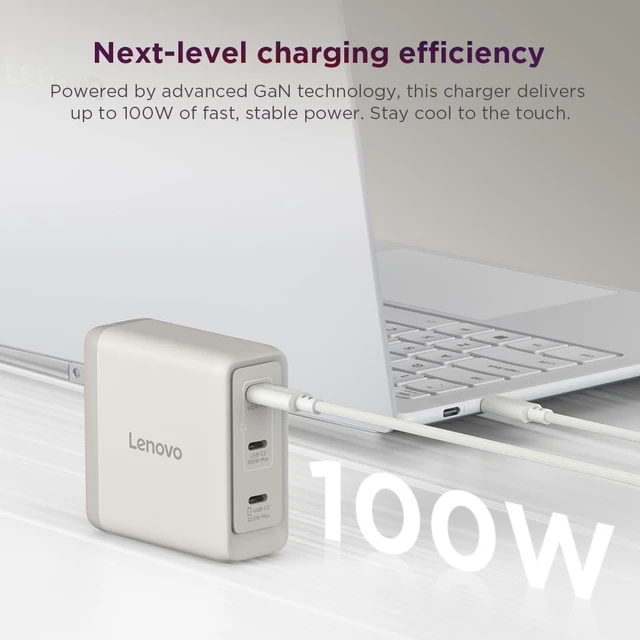 Alt view image 2 of 7 - Lenovo Multi Port USB C 100W GaN Charger Compact Fast Charging Wall Charger with 3 USB C Ports, Foldable Plug, Detachable 1.8m Cable, for Laptops, Tablets & Phones, Model CC100, Seashell