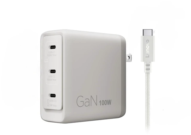 Main image of Lenovo Multi Port USB C 100W GaN Charger Compact Fast Charging Wall Charger with 3 USB C Ports, Foldable Plug, Detachable 1.8m Cable, for Laptops, Tablets & Phones, Model CC100, Seashell