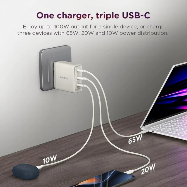 Alt view image 3 of 7 - Lenovo Multi Port USB C 100W GaN Charger Compact Fast Charging Wall Charger with 3 USB C Ports, Foldable Plug, Detachable 1.8m Cable, for Laptops, Tablets & Phones, Model CC100, Seashell