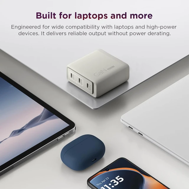 Alt view image 4 of 7 - Lenovo Multi Port USB C 100W GaN Charger Compact Fast Charging Wall Charger with 3 USB C Ports, Foldable Plug, Detachable 1.8m Cable, for Laptops, Tablets & Phones, Model CC100, Seashell