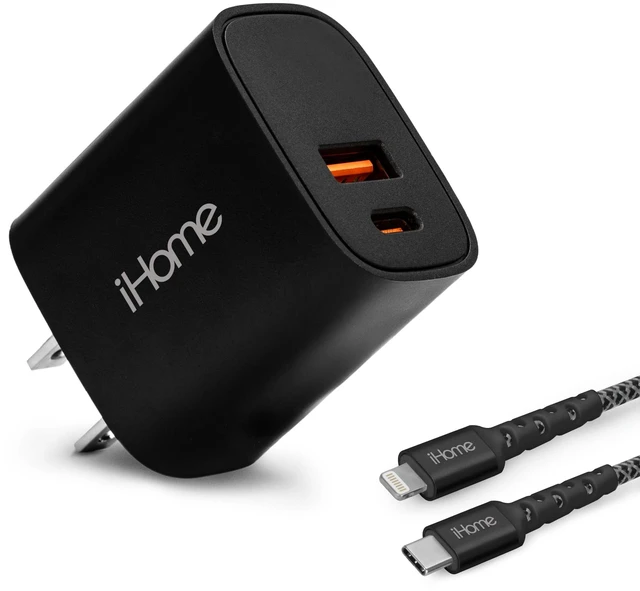 Main image of iHome Charge & Sync Bundle, Dual Port USB Charger, 20W Power Delivery, 6ft Lightning to USB-C Cable