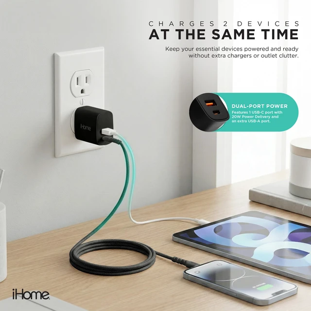 Alt view image 3 of 5 - iHome Charge & Sync Bundle, Dual Port USB Charger, 20W Power Delivery, 6ft Lightning to USB-C Cable