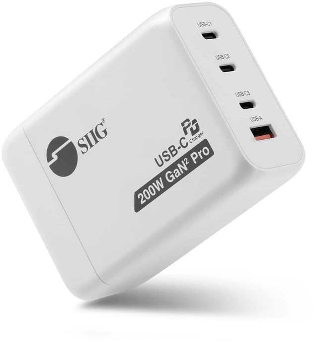 Main image of SIIG 4-Port 200W USB-C PD GaN Charger, AC-PW1V11-S1 | Charge 4 devices with 200W total output; GaN design and USB-C PD support centralized charging for laptops, tablets and.